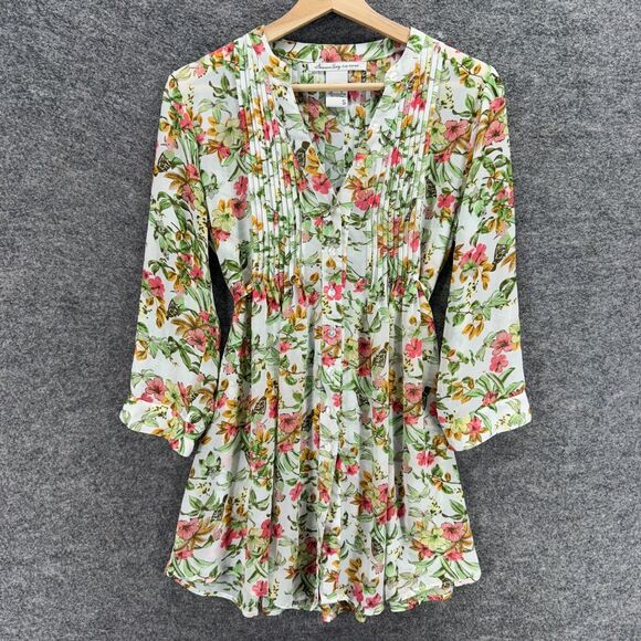 American Rag Cie Button Up Top Women S Small White Floral 3/4 Sleeve V-Neck - Picture 1 of 7